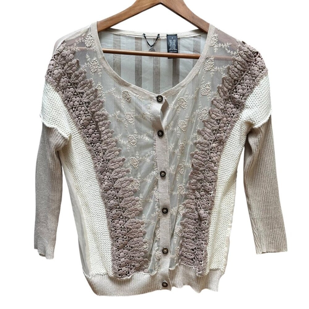 BKE Boutique Sweater Sheer Beige Lace Knit Cardigan Crochet Trim Cottage‎ Boho S